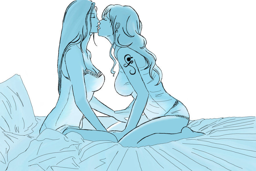 2girls arm arms art babe bare_arms bare_legs bare_shoulders bed big_breasts breasts camisole cleavage closed_eyes friends hair kissing kneel leaning leaning_forward legs long_hair love monochrome multiple_girls mutual_yuri nami nico_robin nightgown one_piece open_mouth pillow pirate sitting stephanyhardy stephanyhardy_(artist) tank_top tattoo yuri