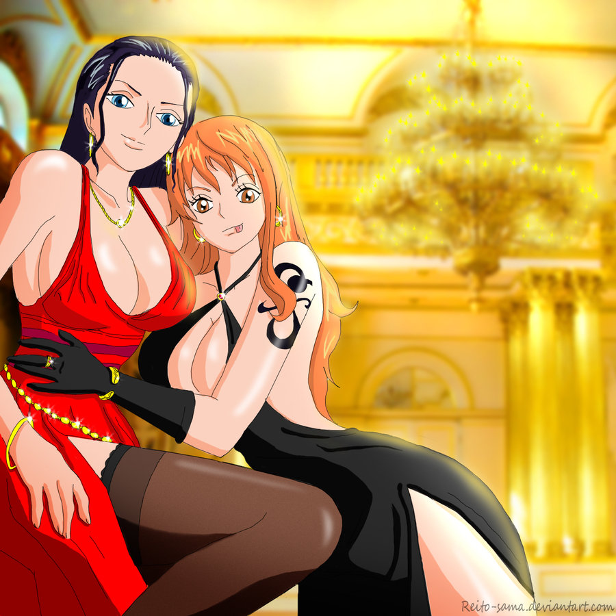 2girls :p art babe big_breasts black_dress black_gloves black_hair bracelet breasts cleavage criss-cross_halter dress earrings friends gloves hair high_res hoop_earrings hugging indoors jewelry licking_lips long_hair looking_at_viewer love multiple_girls mutual_yuri nami naughty_face necklace nico_robin one_piece orange_hair pirate red_dress reito-sama reito-sama_(artist) ring side_slit smile stockings tongue yuri