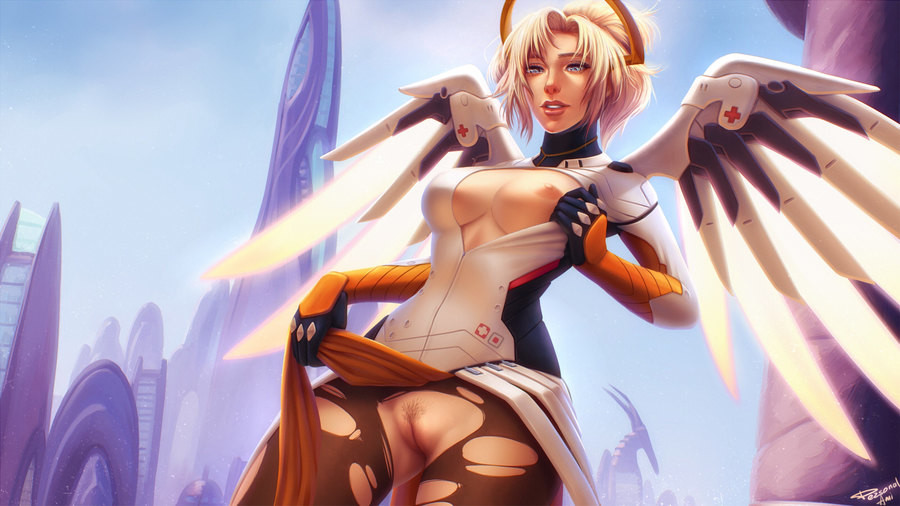 1girl angel artist_request breasts city hair halo mercy_(overwatch) nipples overwatch pubic_hair pussy red_cross torn_clothes wings