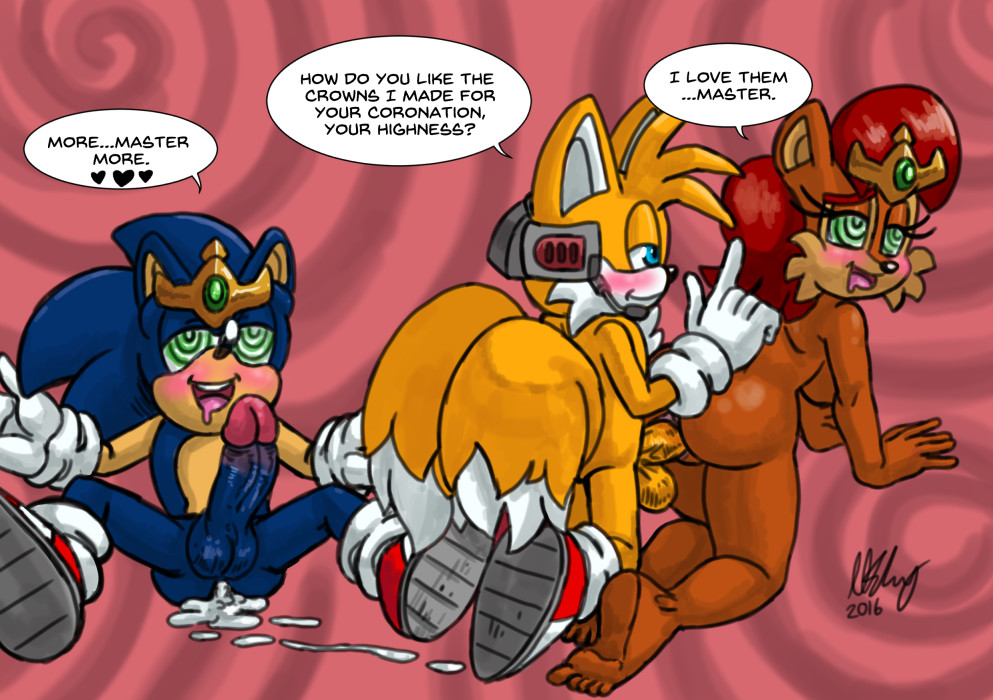 1girl abstract_background anthro blush canine cum_leaking english_text fox furry group male male/female mammal miles_"tails"_prower mind_control mostly_nude omegazuel penis sally_acorn sega sonic_the_hedgehog spiral_background testicles text