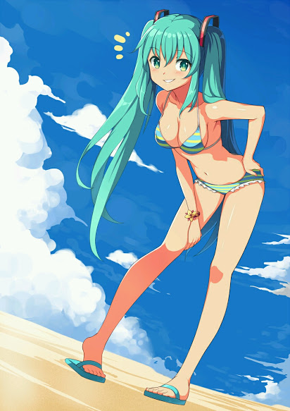 ass beach bikini breasts hatsune_miku miku_hatsune ocean sand smile vocaloid water