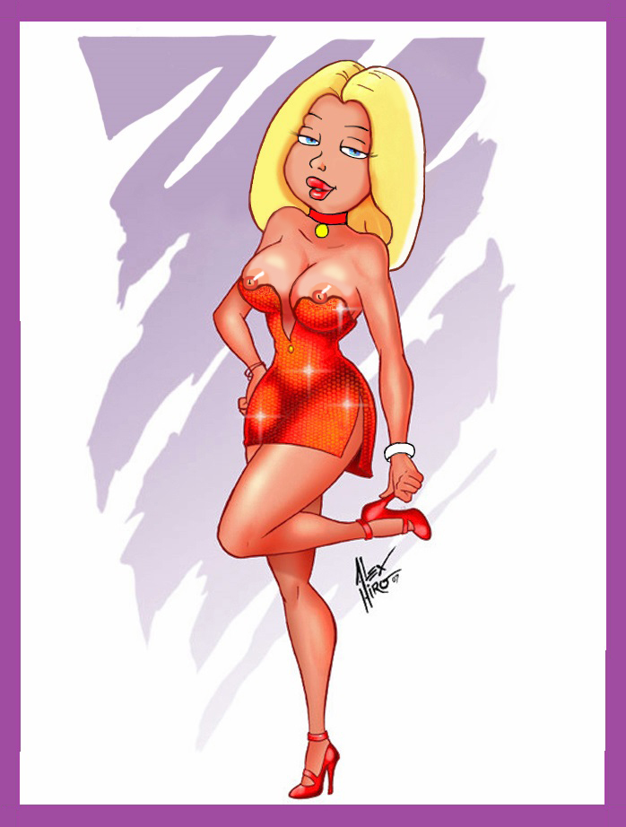 alex_hiro alternate_hairstyle american_dad bangle blonde_hair blue_eyes breasts choker francine_smith high_heels huge_breasts looking_at_viewer nipples pendant red_dress red_lips red_shoes