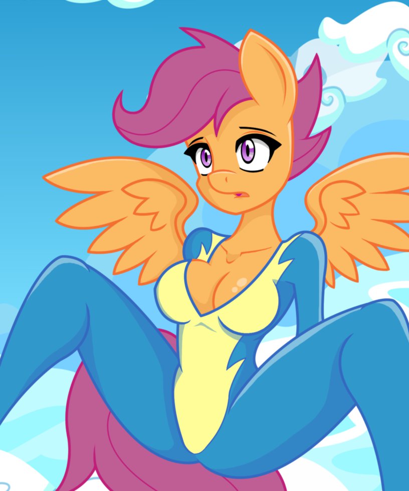 2014 5:6 anthro anthrofied big_breasts breasts cleavage clothed clothing cloud deviousskull digital_media_(artwork) equid equine female friendship_is_magic hasbro hi_res horse mammal my_little_pony non-nude open_mouth pony scootaloo scootaloo_(mlp) seductive solo spread_legs spreading teen uniform wings wonderbolts wonderbolts_(mlp) young
