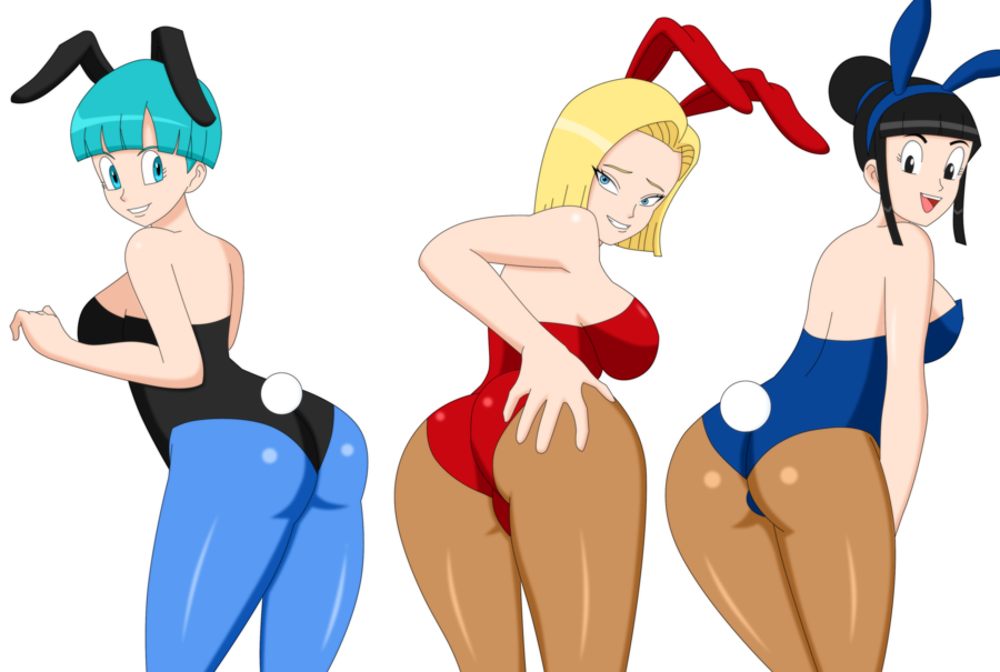 3_girls 3girls android_18 animal_ears artist_request ass bent_over bulma bulma* bulma_brief bunny_ears bunnysuit chichi dragon_ball_z female_only multiple_girls source_request