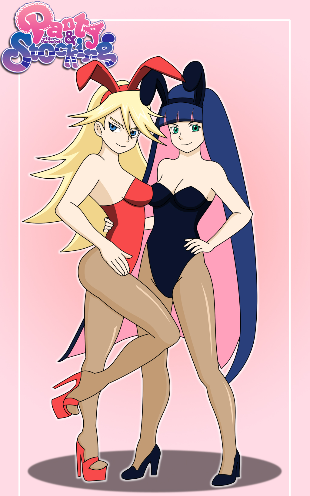 2_girls big_breasts breasts bunnysuit female_only looking_at_viewer panty_&amp;_stocking_with_garterbelt panty_(psg) pervyangel stocking_(psg) very_long_hair