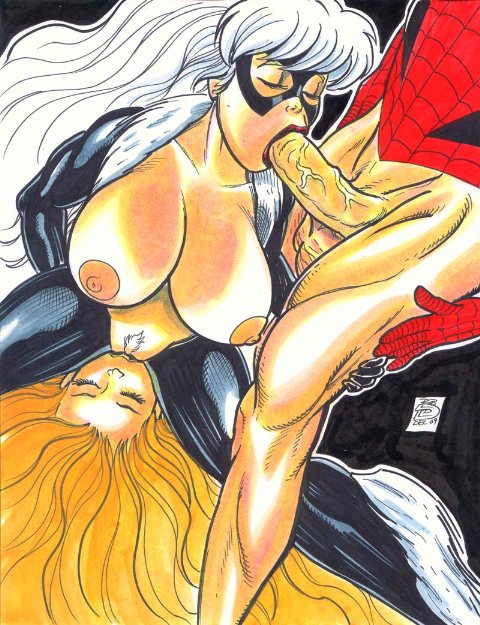 anti_hero ass big_ass big_breasts black_bodysuit black_cat_(marvel) blue_eyes breasts caucasian caucasian_female cleavage clothed_female comic_book_character domino_mask felicia_hardy fellatio fuckable huge_breasts insanely_hot light-skinned_female lipstick long_hair makeup marvel marvel_comics mary_jane_watson mask mature_female nipples oral pussy pussylicking red_lipstick rob_durham skin_tight skintight_bodysuit spider-man spider-man_(series) threesome white_hair