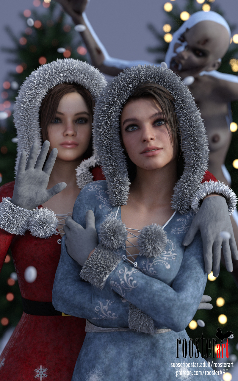 10:16 2_girls 3d 3d_(artwork) blush breasts breasts brown_hair christmas christmas_outfit christmas_tree claire_redfield cleavage clothed clothed_female evening gloves grey_gloves hood hood_up hoodie jill_valentine looking_at_viewer medium_hair monster_girl nipple outside patreon patreon_username resident_evil resident_evil_2_remake resident_evil_3_remake snow snowing standing subscribestar subscribestar_username video_game video_game_character video_game_franchise zombie zombie_girl