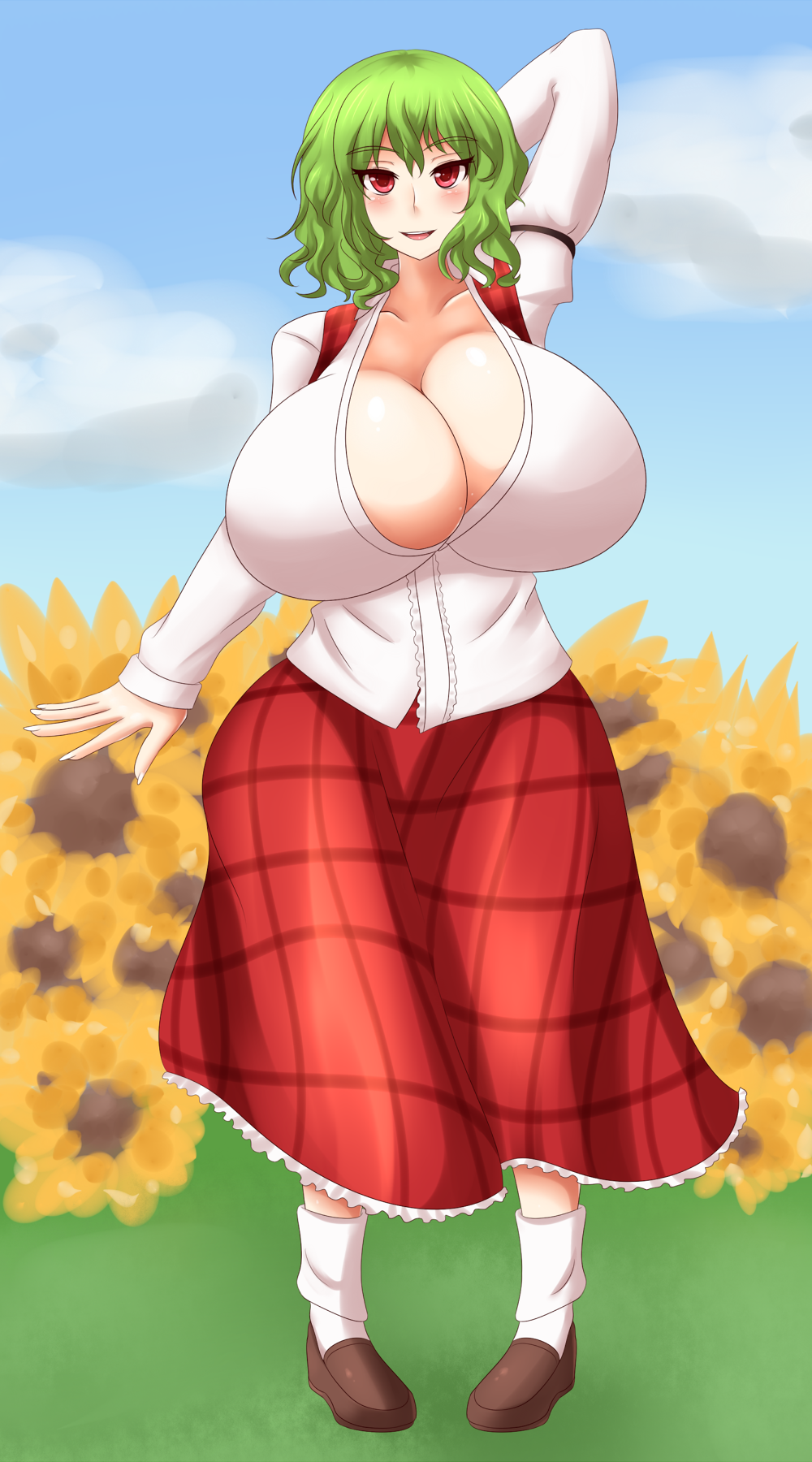 1girl blush breasts cleavage cloud eyes female flower green_hair hair high_resolution huge_breasts jcdr kazami_yuuka long_sleeves open_mouth red_eyes shirt shoes short_hair skirt sky smile solo sunflower touhou unbuttoned