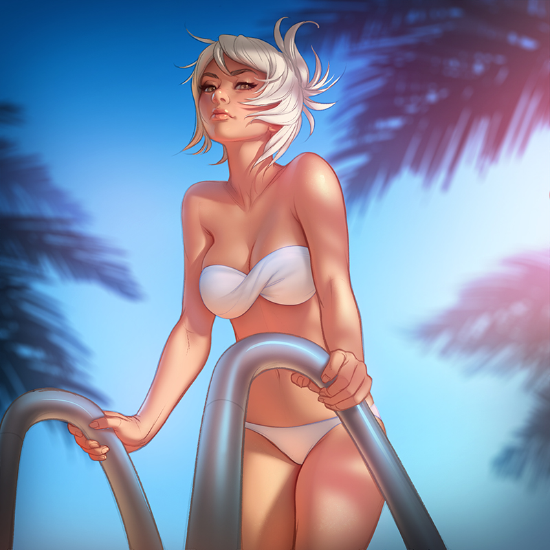 1girl arm art babe bandeau bare_arms bare_legs bare_shoulders belly bikini blue_sky breasts brown_eyes cleavage collarbone female folded_ponytail high_res highres jonathan_hamilton jonathan_hamilton_(artist) ladder league_of_legends legs lips looking_at_viewer midriff navel neck palm_tree pool pool_ladder riven_(league_of_legends) short_hair sky solo strapless strapless_bikini strapless_swimsuit sunlight swimsuit tree tsuaii_(artist) tubetop white_bikini white_hair white_swimsuit