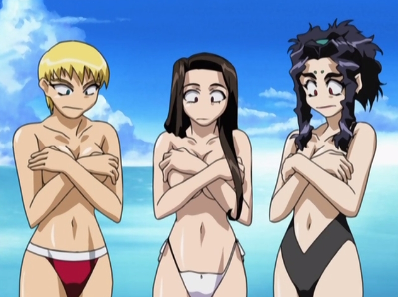 amane_kaunaq anime bikini ecchi hand_bra kiriko_masaki ryoko_balta screenshot standing tenchi_muyo_gxp topless