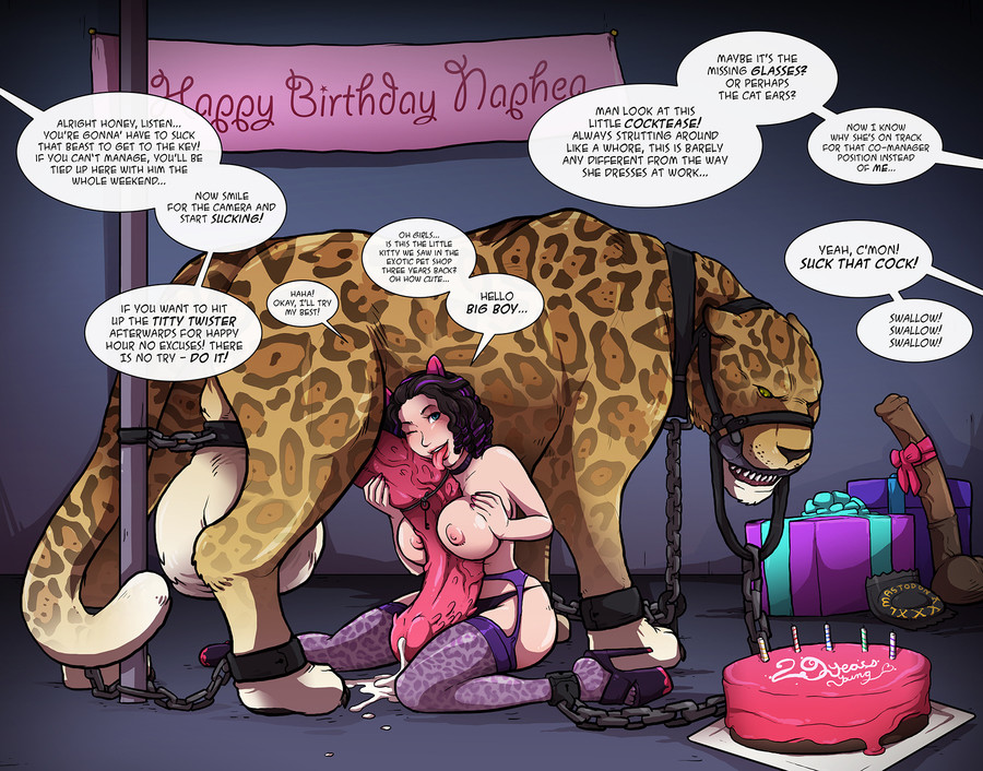 1girl animal beastiality birthday breast_hold cake cat_ears chains cum english_text high_heels hot huge_penis huge_testicles jaguar licking original original_character paizuri partially_clothed party penis sparrow_(artist) stockings testicles text tongue tongue_out