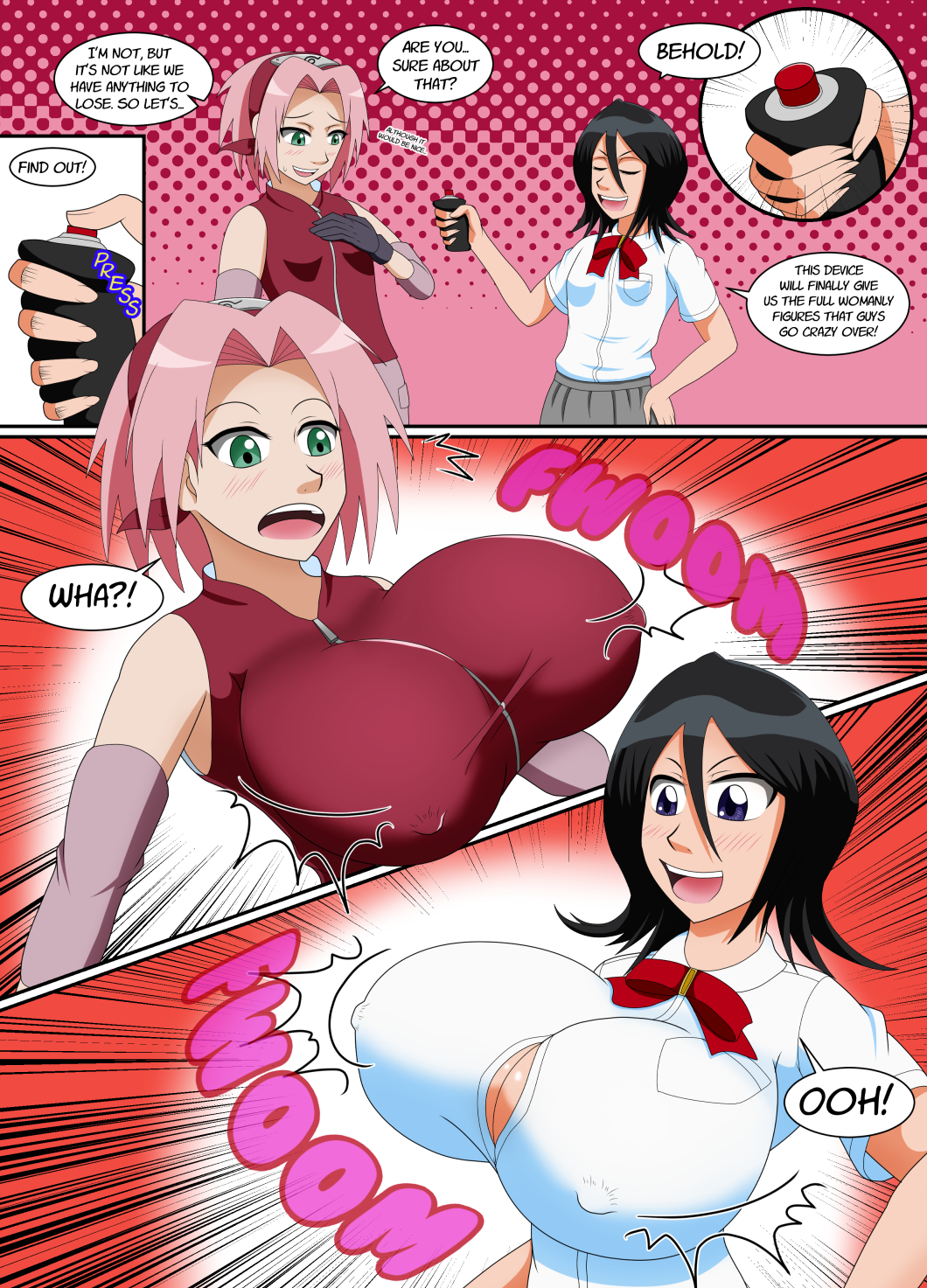 2girls big_breasts bleach breast_expansion breasts comic crossover multiple_girls naruto oxdaman rukia_kuchiki sakura_haruno