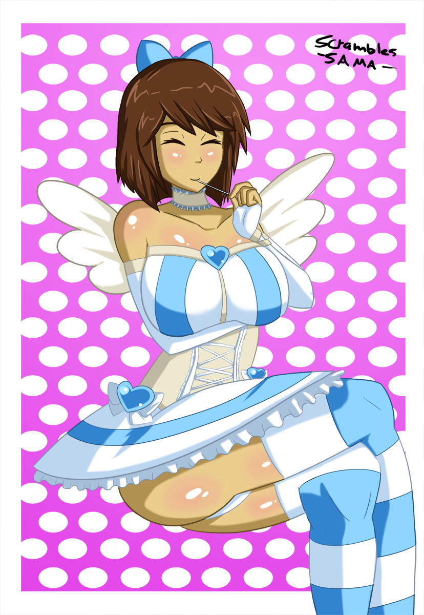 1_girl 1girl ass big_ass big_breasts breasts cosplay crossed_legs female female_frisk female_only frisk frisk_(undertale) human human_only legs_crossed panty_&amp;_stocking_with_garterbelt polka_dot_background scrambles-sama solo solo_female solo_human stocking_(psg) stocking_(psg)_(cosplay) undertale undertale_(series)