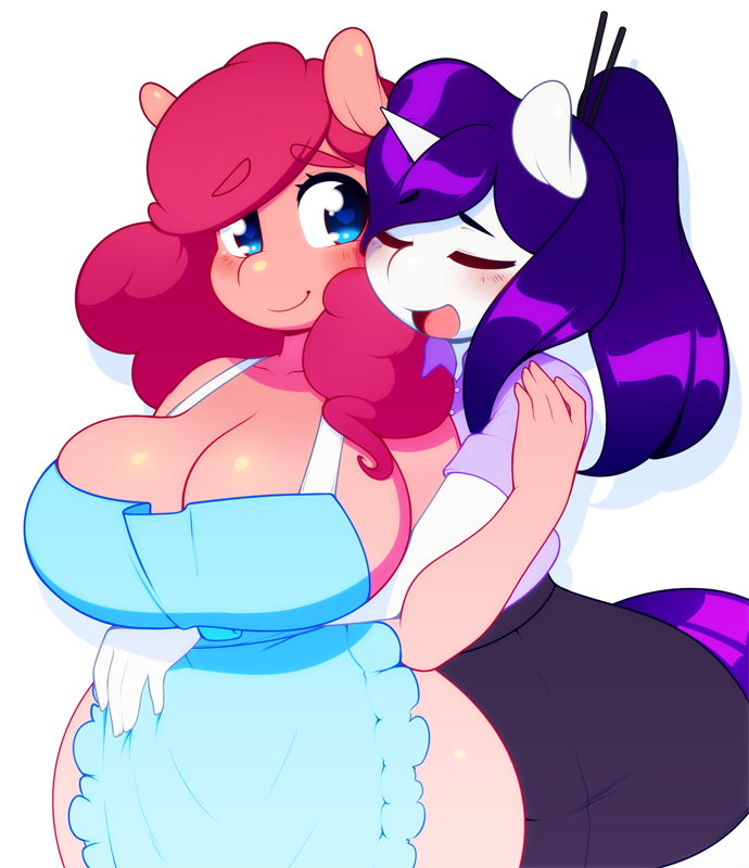 1girl 2016 3mangos alternate_hairstyle anthro anthrofied apron ass big_breasts blue_eyes blush breasts cleavage clothed clothing digital_media_(artwork) duo earth_pony equine friendship_is_magic fur furry hair highres horn horse hugging long_hair looking_back mammal my_little_pony naked_apron open_mouth pink_hair pinkie_pie pony ponytail purple_hair rarity simple_background smile unicorn voluptuous