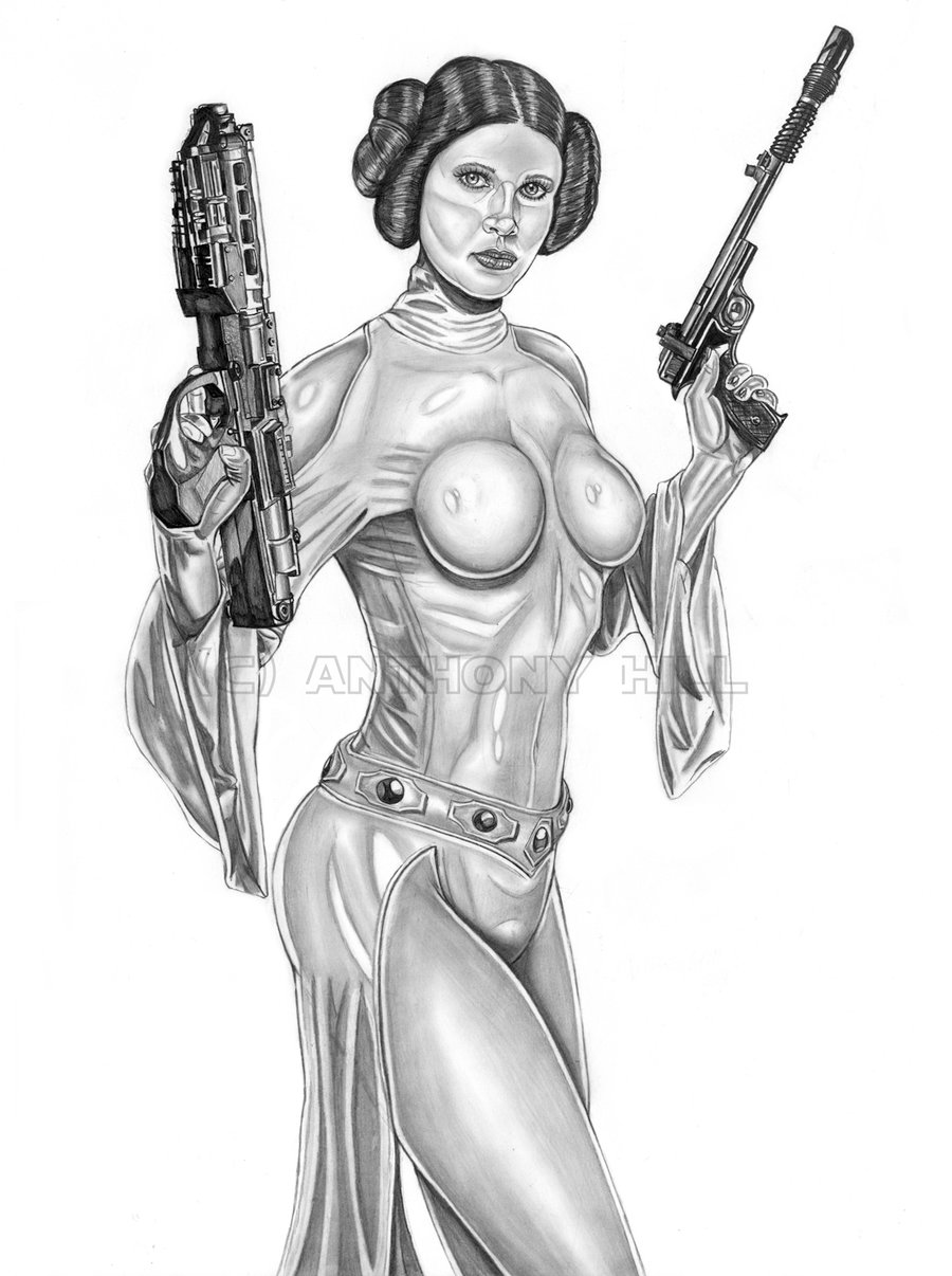 1girl 1girl actress armando_huerta belt big_breasts breasts carrie_fisher celeb covered_breasts disney empire_strikes_back eyelashes female_only hair_bun high_resolution legs long_hair princess_leia_organa star_wars thighs tied_hair weapon