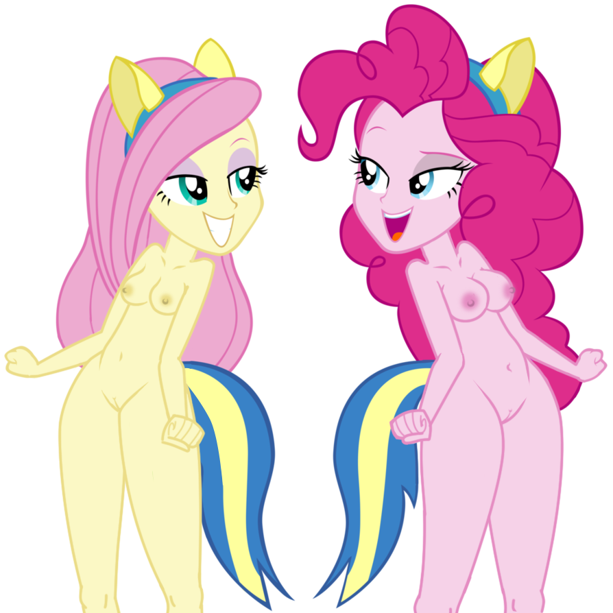 2girls animal_ears blue_eyes breasts equestria_girls fluttershy friendship_is_magic green_eyes hair long_hair looking_at_another multiple_girls my_little_pony nipples nude pink_hair pinkie_pie pussy smile tail