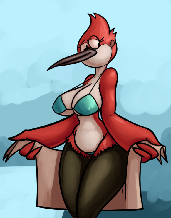 1girl 1girl 2016 anthro avian big_breasts bikini bird breasts cartoon_network cleavage clothed clothing denise_smith furry regular_show swimsuit thingshappen towel