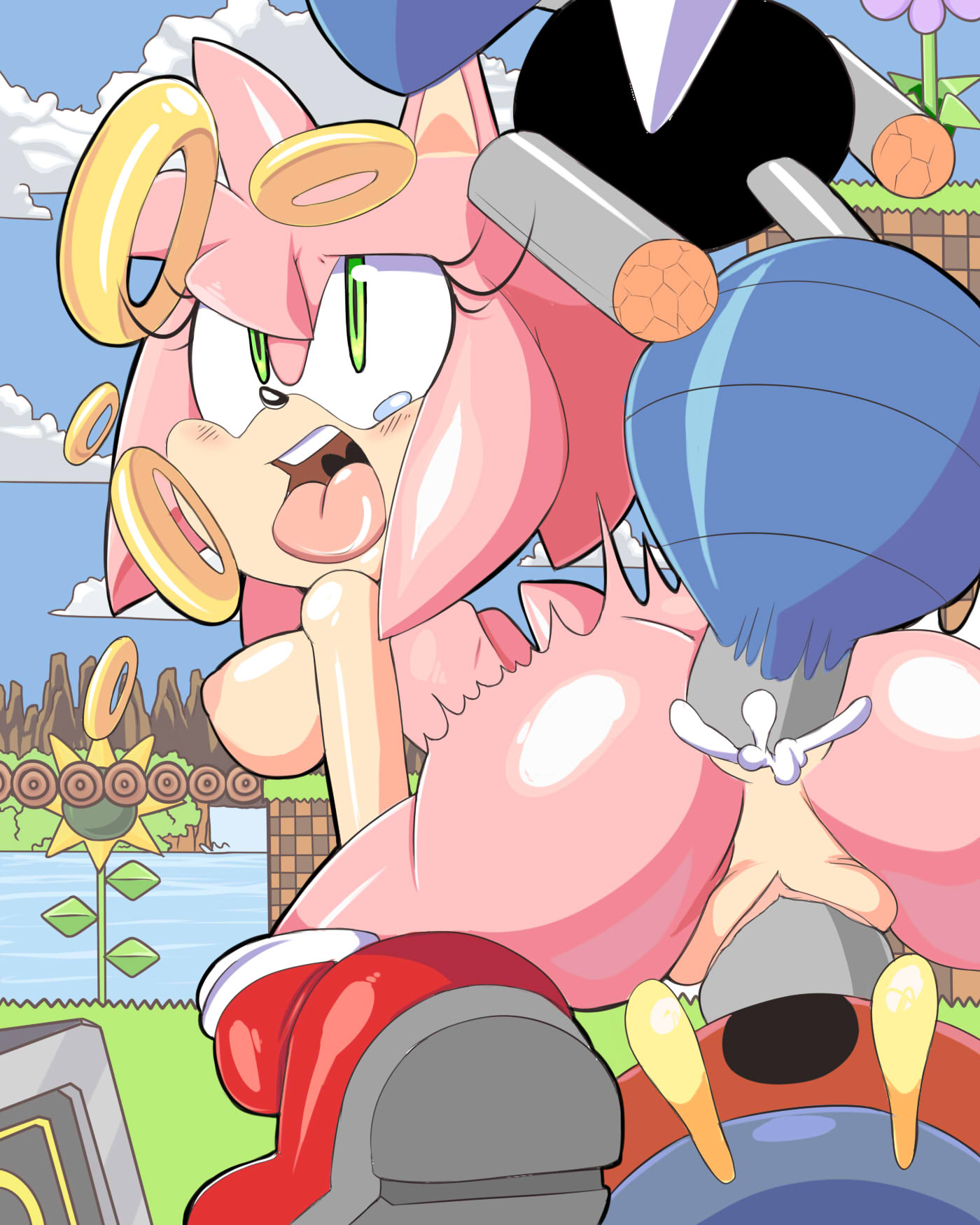 1girl amy_rose anal_penetration animal_ears ass big_breasts blush breasts cum double_penetration furry green_eyes hair nipples open_mouth pink_hair pussy short_hair sonic_(series) tail