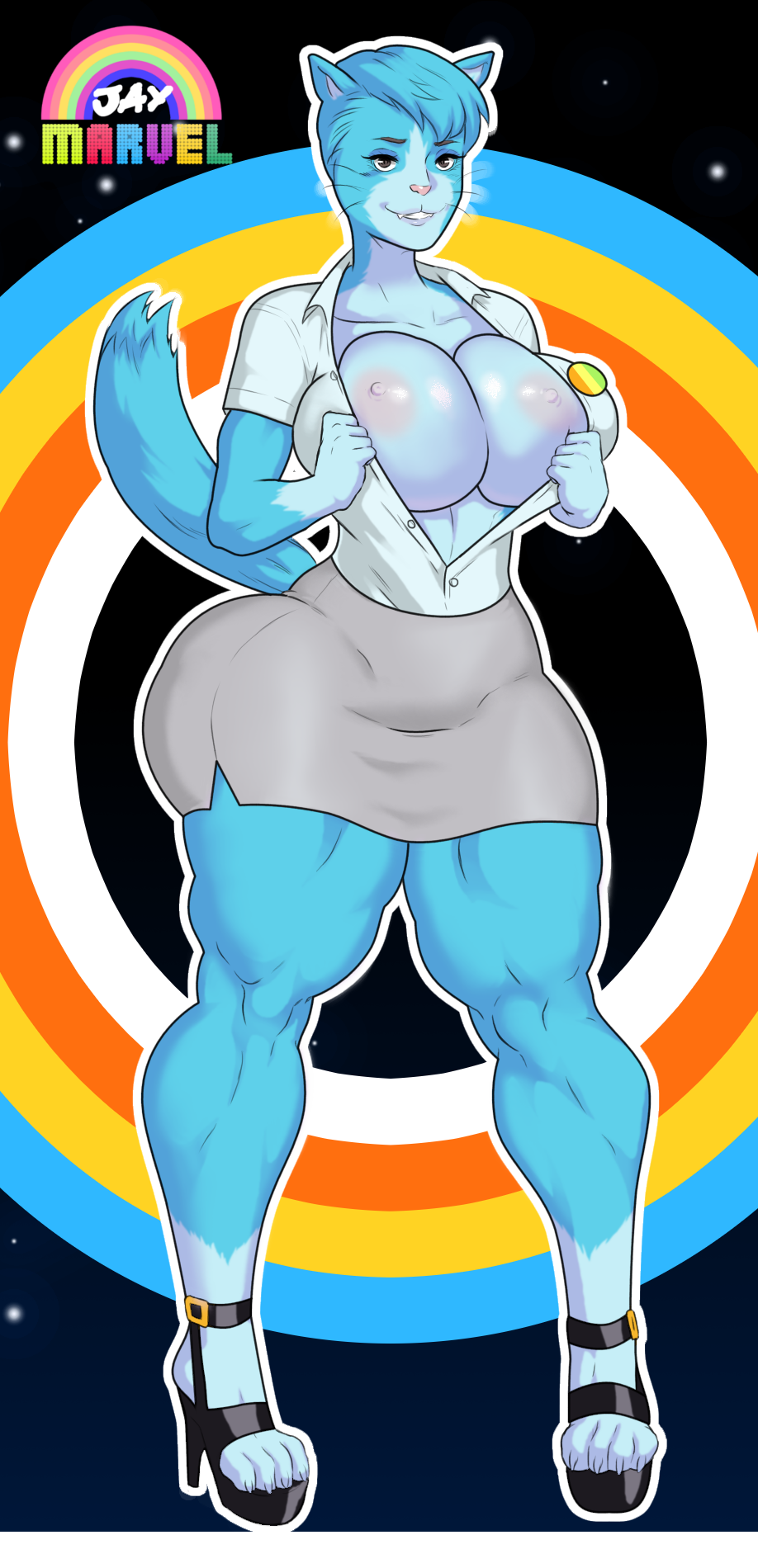 1girl 1girl 2016 anthro areola big_breasts blush breasts cartoon_network clothed clothing feline fur furry high_res huge_breasts jay-marvel mammal mature_female milf muscular nicole_watterson nipples parent smile the_amazing_world_of_gumball thick_thighs whiskers