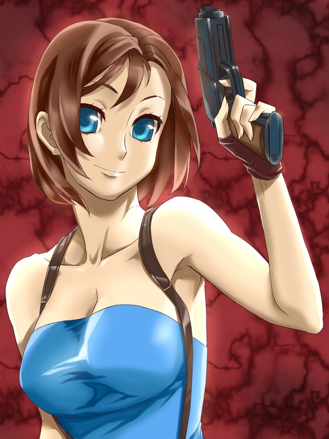 1girl arm arms art babe bare_arms bare_shoulders big_breasts blue_eyes breasts brown_hair capcom cleavage collarbone fingerless_gloves gloves gun head_tilt high_res holding holding_gun holding_weapon jill_valentine king-keisuke king-keisuke_(artist) looking_at_viewer neck red_background resident_evil resident_evil_3 short_hair smile solo strapless suspenders tubetop weapon