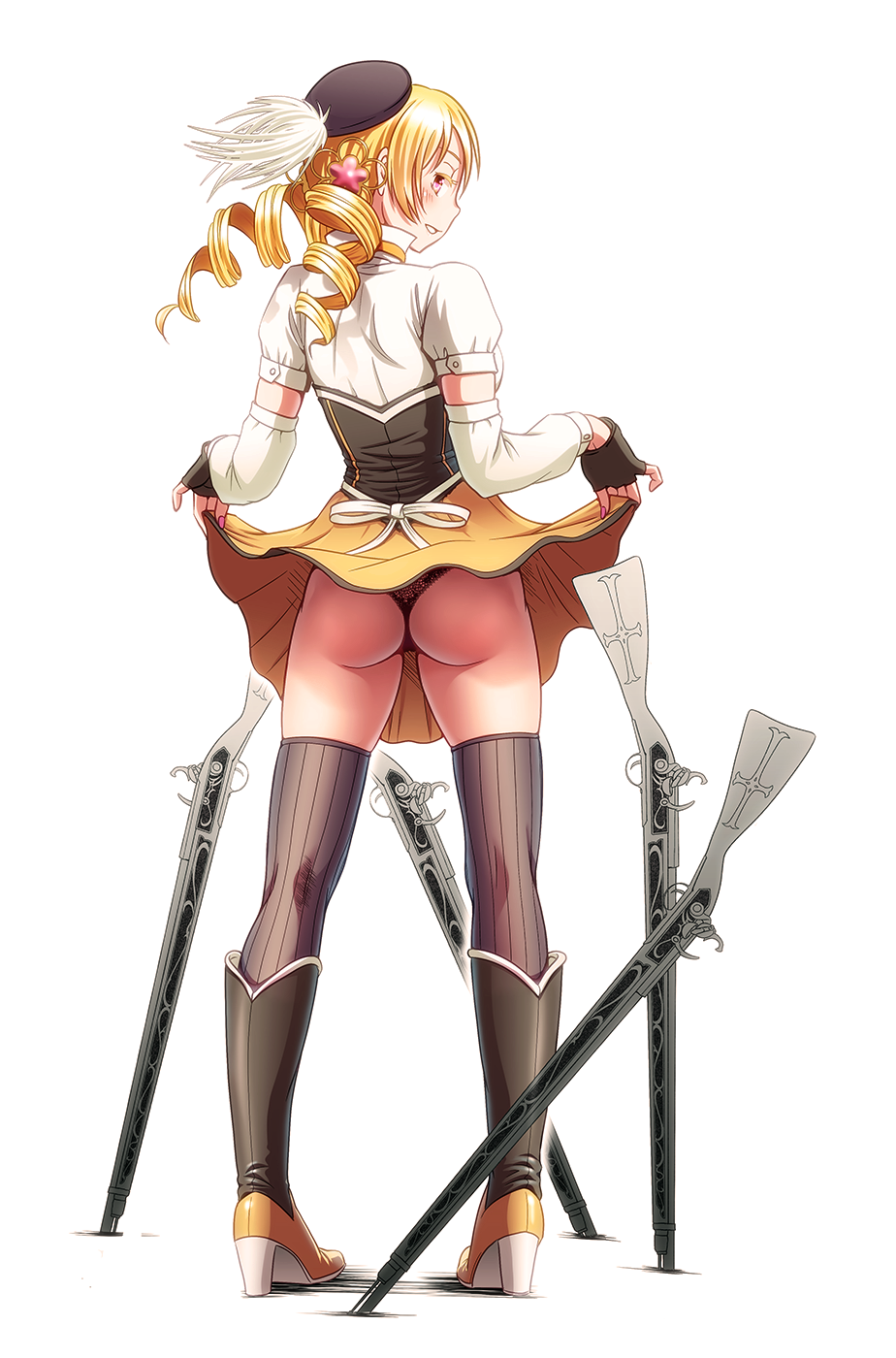 1_female 1_girl ass back black_gloves black_panties blonde blonde_hair blush boots bow detached_sleeves drill_hair female female_only fingerless_gloves from_behind full_body gloves gun hair_ornament hat high_heels high_resolution highres in_profile knee_boots looking_at_viewer looking_back magical_musket mahou_shoujo_madoka_magica monogatari_(series) panties parody parted_lips profile red_eyes senjougahara_pose shoes short_sleeves simple_background skirt skirt_lift smile solo standing stockings thighhighs thong tomoe_mami underwear upskirt weapon white_background wokada wokada_(takouji)