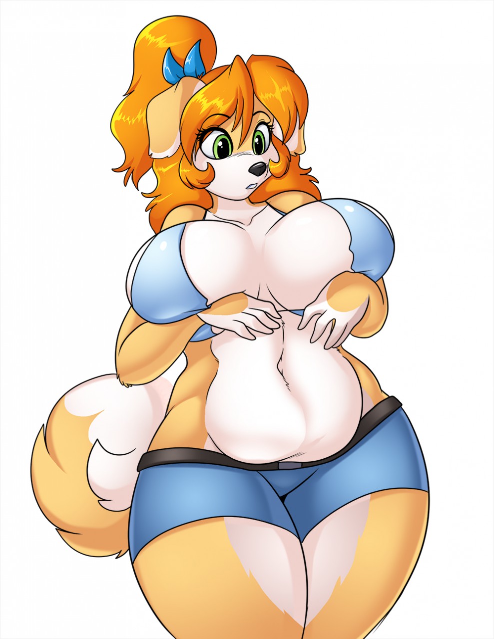 1girl 2016 anthro belly big_breasts black_nose breasts canine clothed clothing dog eyelashes fur furry green_eyes hair highres huge_breasts kibbles long_hair mammal midriff multicolored_fur navel orange_hair shorts simple_background skidd slightly_chubby thick_thighs two_tone_fur uberquest voluptuous white_background white_fur wide_hips