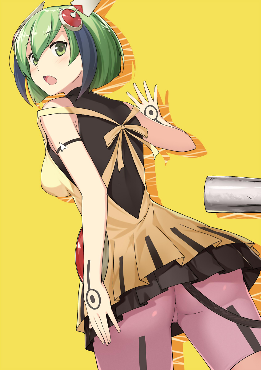 1_female 1_girl 1girl android anime ass bare_arms bare_shoulders bike_shorts blush breasts brown_dress cccpo dimension_w dress female female_only green_eyes green_hair grey_hair headgear highres layered_dress looking_at_viewer looking_back mira_yurizaki multicolored_hair open_mouth plug short_dress short_hair skirt sleeveless sleeveless_dress solo standing streaked_hair tail thighhighs yurizaki_mira