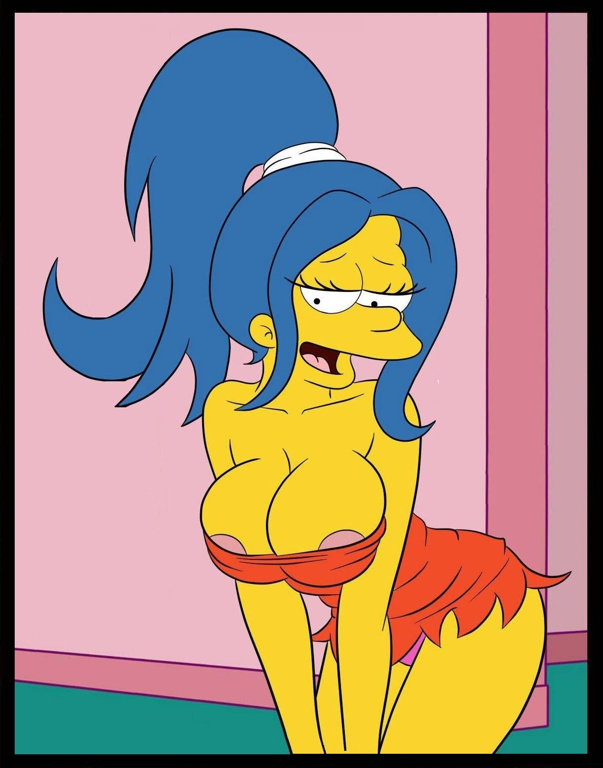big_breasts blue_hair breasts croc_(artist) hair marge_simpson nipples open_mouth the_simpsons yellow_skin