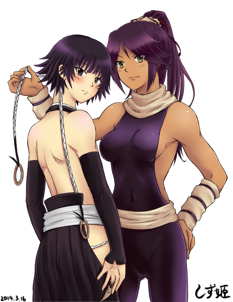 2girls art babe back bare_back bare_shoulders black_eyes black_hair bleach blush breasts covered_navel dark_skin hair high_res interracial japanese_clothes kyoshizuhime kyoshizuhime_(artist) long_hair looking_at_viewer looking_back love multiple_girls neck ponytail purple_hair revealing_clothes shihouin_yoruichi skin_tight smile soifon standing yellow_eyes yuri