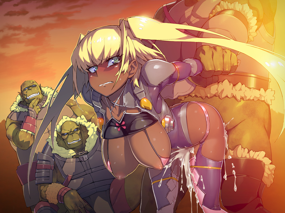 1girl 4:3_aspect_ratio arm_grab ass blonde_hair blue_eyes breasts cleavage color dark_skin erect_nipples erect_nipples_under_clothes female large_breasts lilith-soft looking_at_viewer monster nakadashi namaniku_atk nipples orc rape restrained semen sex size_difference taimanin_(series) taimanin_asagi_battle_arena tears thighhighs tied_hair twintails yomi_akitsu