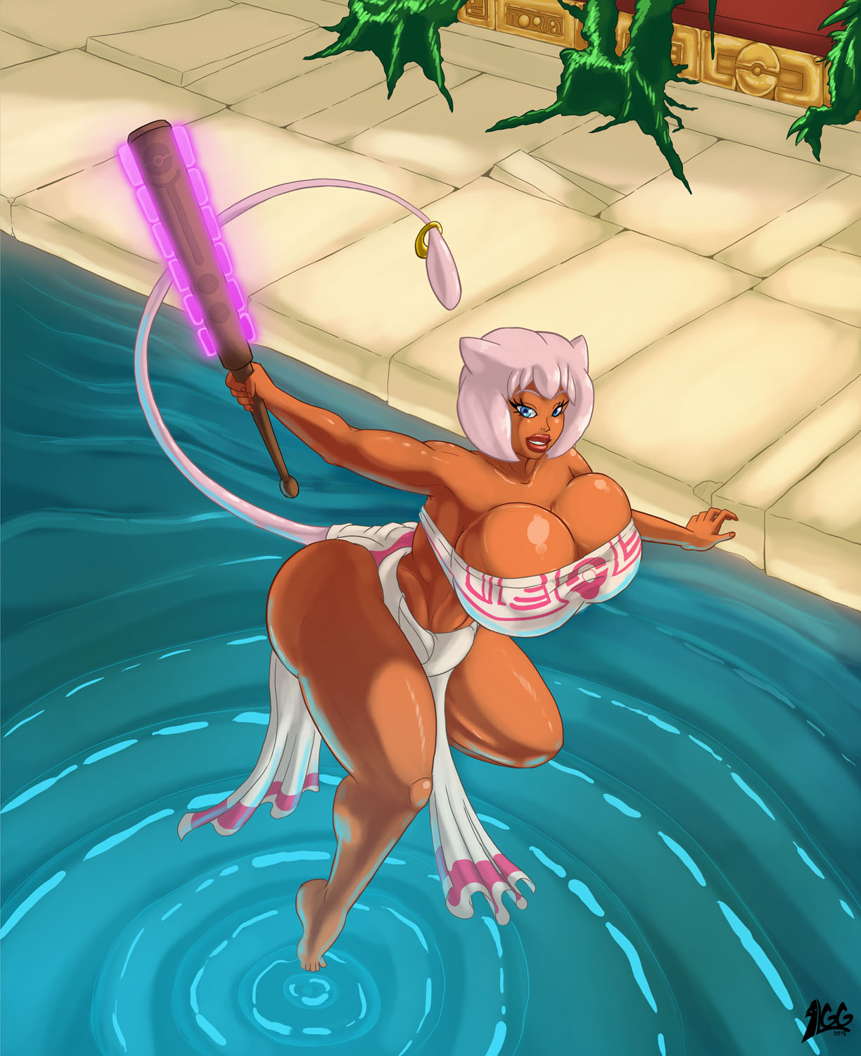 anthro anthrofied big_breasts breasts dark_skin flying huge_ass huge_breasts lurkergg mew not_porn pokemon pokemorph solo tail weapon