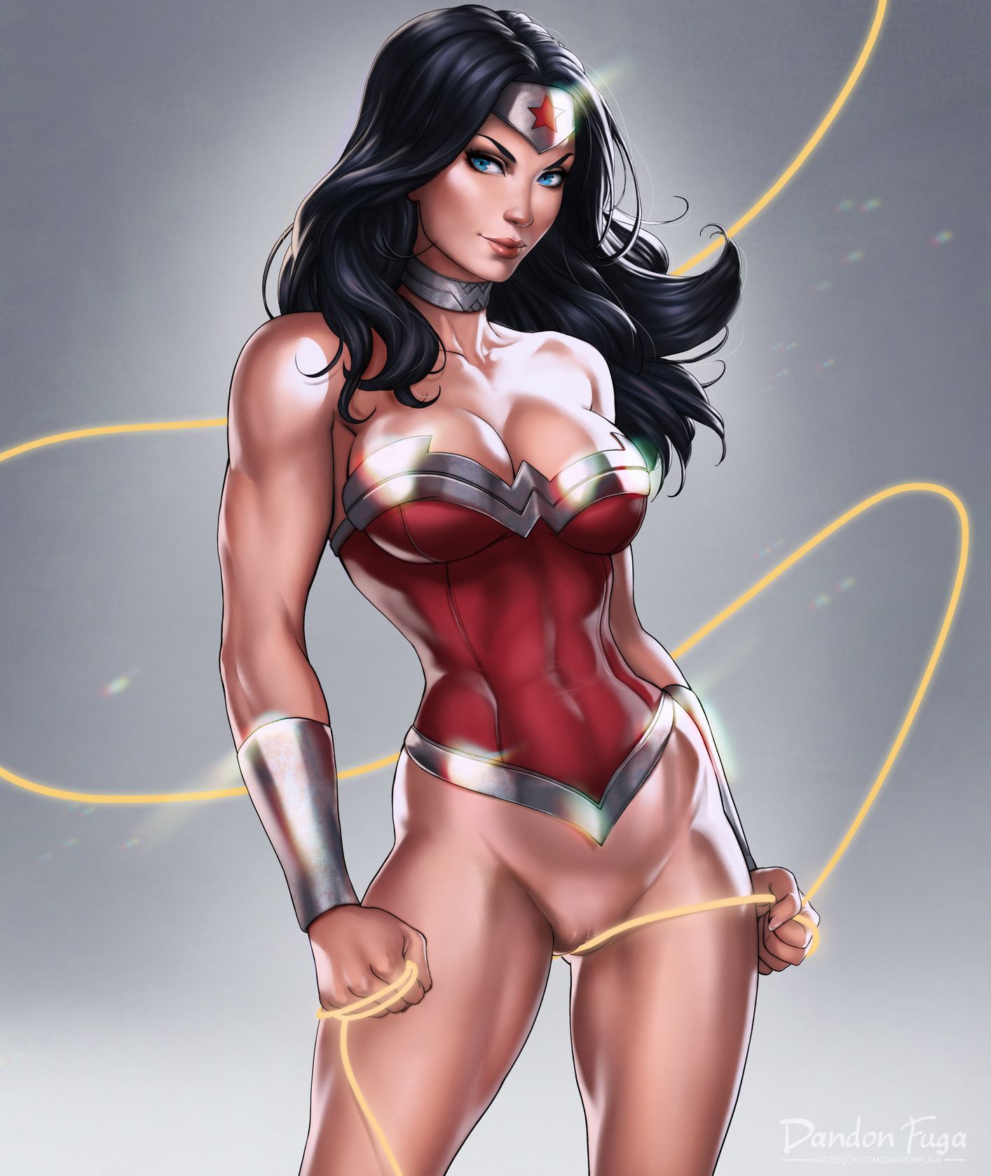 1girl bare_shoulders big_breasts black_hair blue_eyes bracelet breasts choker dandon_fuga dc dc_comics diana_prince eyelashes female female_only justice_league large_breasts lasso lasso_of_truth legs lips long_hair nipples pussy solo thighs tiara vagina wonder_woman wonder_woman_(series)