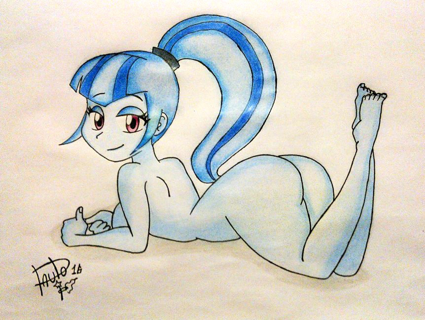 1girl ass blue_hair breasts equestria_girls friendship_is_magic long_hair looking_at_viewer my_little_pony nude pink_eyes ponytail smile sonata_dusk toes traditional_art