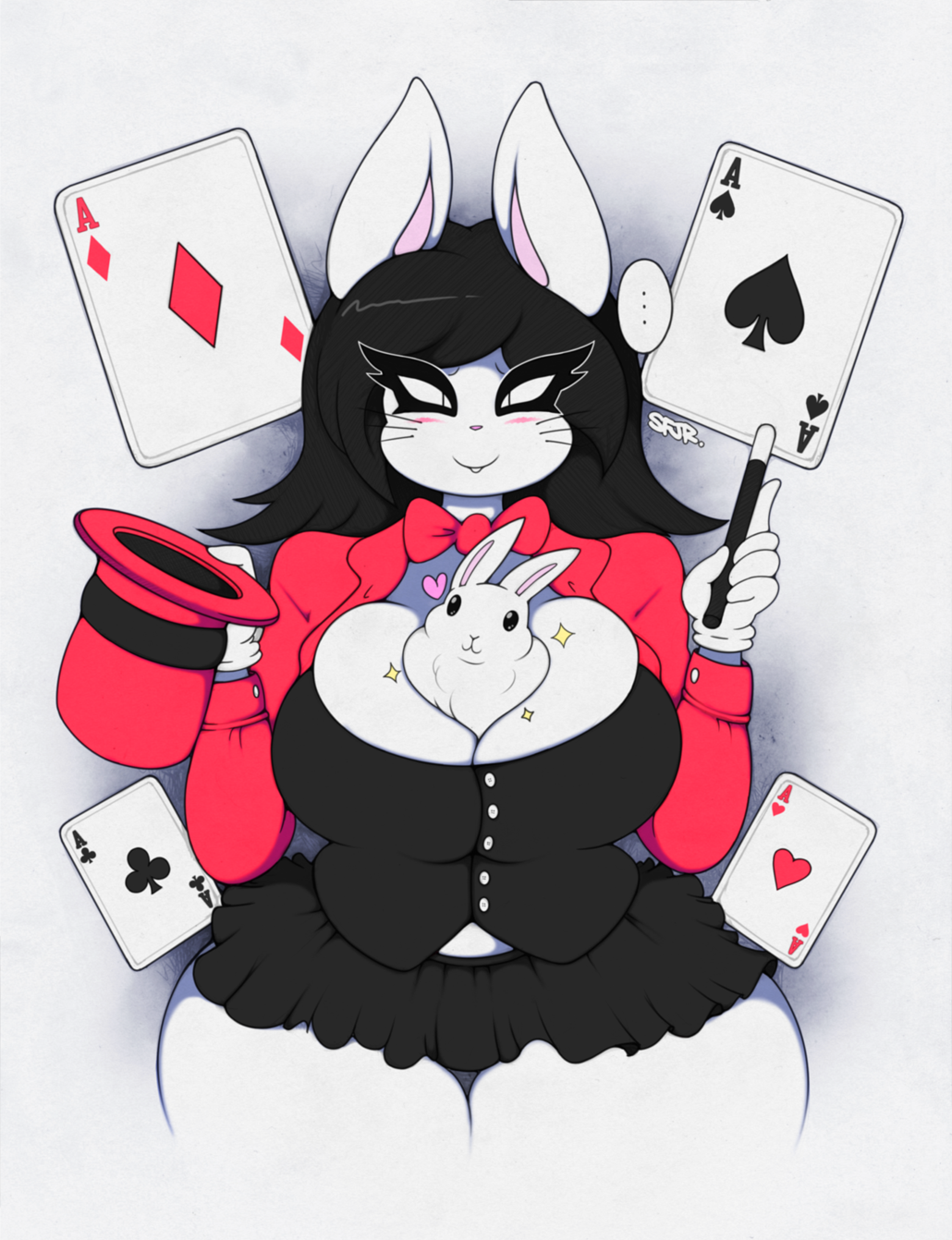 anthro big_breasts black_hair blush bow breasts card cleavage clothed clothing eyewear feral furry gloves hair hat huge_breasts lagomorph magic magician mammal miniskirt playing_card rabbit simple_background skirt slit_pupils smutbunny thick_thighs wand wide_hips