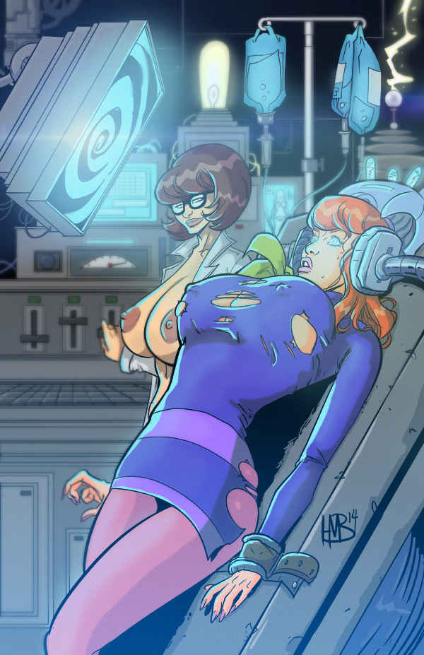big_breasts breast_expansion breasts daphne_blake female glasses hmb hypnotic_screen mad_scientist nipples scooby-doo smile spiral spiral_eyes tech_control torn_clothes transformation velma_dinkley yuri