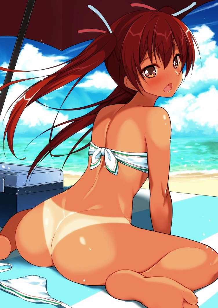 Xbooru - 1girl ass beach bikini bottomless shiny shiny skin tan tan line |  630994