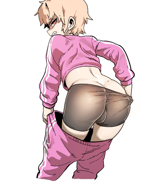 angry bike_shorts bike_shorts_pull blonde_hair bubble_butt bulge bulge_under_clothes crossdressing femboy looking_at_viewer looking_back packgy sweatpants trap