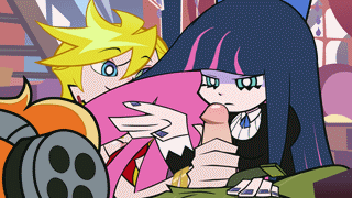 1boy 2girls accurate_art_style animated assisted_fellatio assisted_sex briefers_rock fellatio female_focus gif handjob loop looping_animation multiple_girls oral panty_&amp;_stocking_with_garterbelt panty_anarchy penis_lick penis_licking sex stocking_anarchy zone