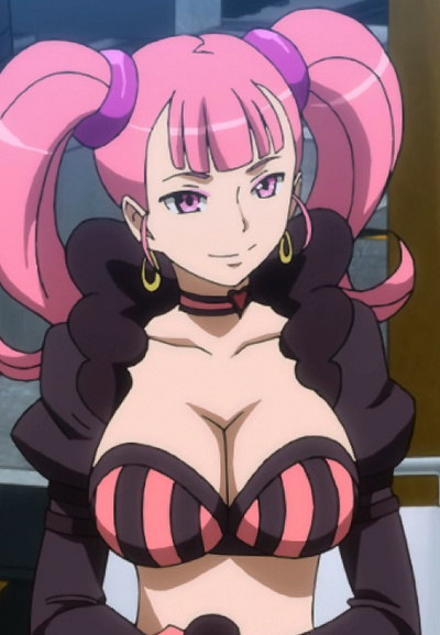 1girl anime babe big_breasts breasts captain_earth choker cleavage earrings jewelry long_hair moco_(captain_earth) pink_hair purple_eyes smile striped twin_tails