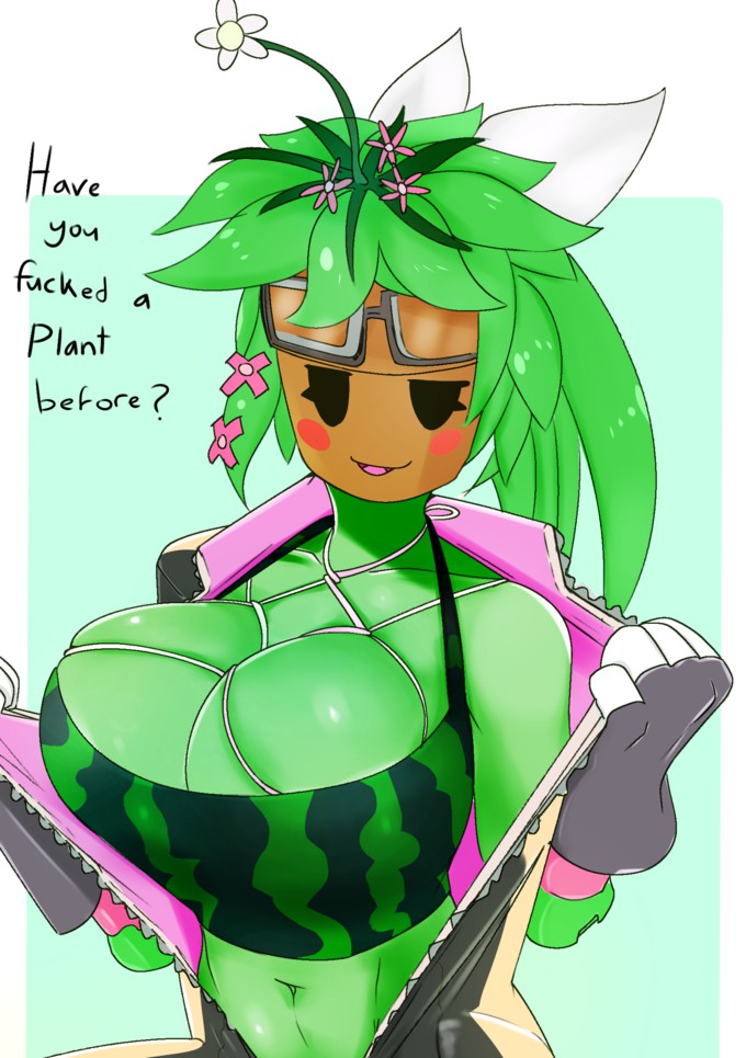 1girl abs artist_request big_breasts blaster_master_zero blush breasts cleavage clothed clothes clothing dialogue english_text female female_only fishnet flower gloves green_body half-closed_eyes huge_breasts kanna_(blaster_master) looking_at_viewer monster_girl plant plant_girl simple_background simple_eyes suggestive tank_top text undressing