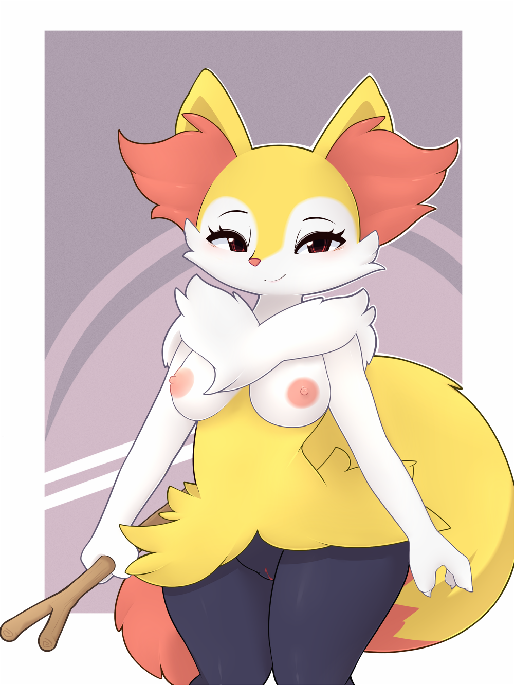 1girl 1girl 2017 anthro areola braixen breasts canid canine dipstick_tail eyelashes fur holding_object inner_ear_fluff looking_at_viewer mammal multicolored_body multicolored_fur multicolored_tail nintendo nipples pinkcappachino pok&eacute;mon pok&eacute;mon_(species) pussy smile stick tuft video_games