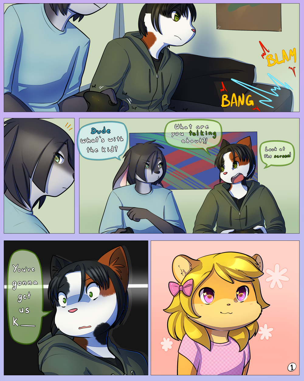 anthro cat comic cub dialogue drychicken english_text feline furry gaming girly lagomorph male mammal playing_video_game rabbit smile sound_effects source_request speech_bubble text