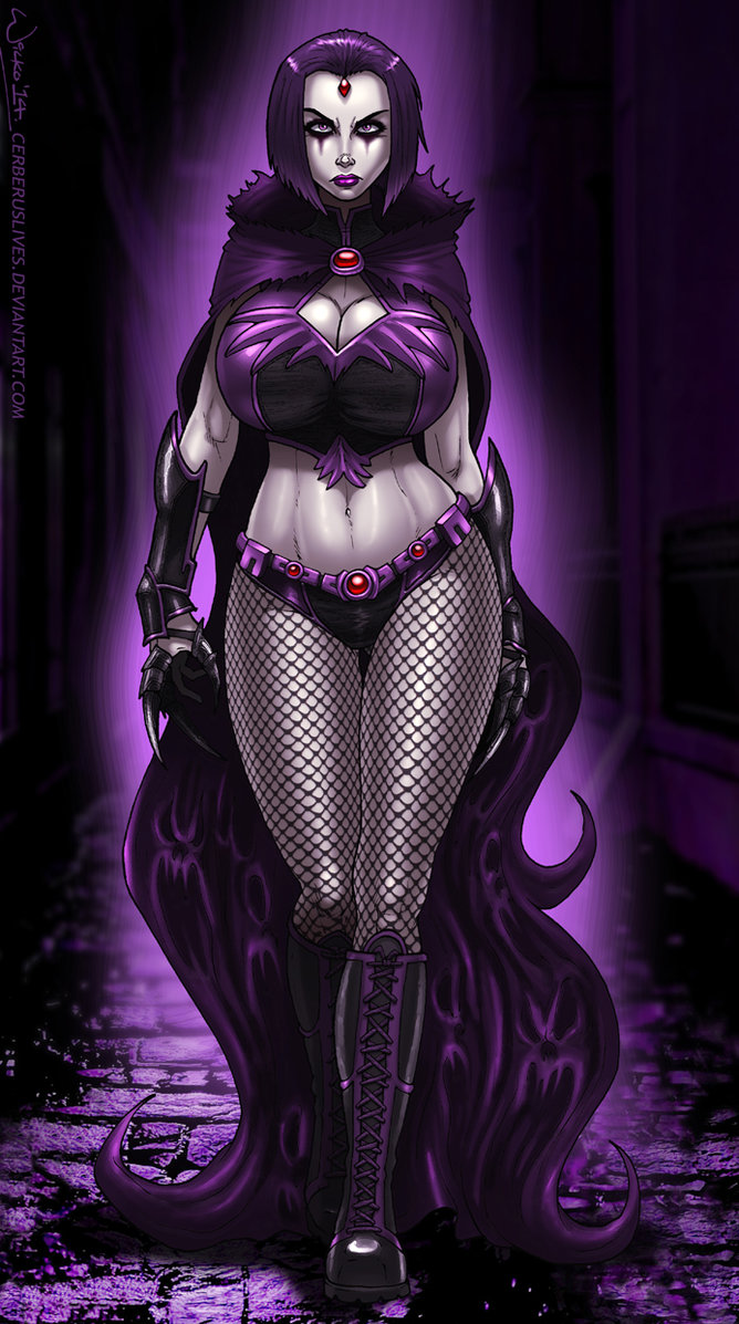 1girl big_breasts boots breasts cleavage dc_comics dcau female female_only forehead_jewel fuckable goth grey_skin hair huge_breasts insanely_hot makeup outdoors raven_(dc) standing teen teen_titans wilko