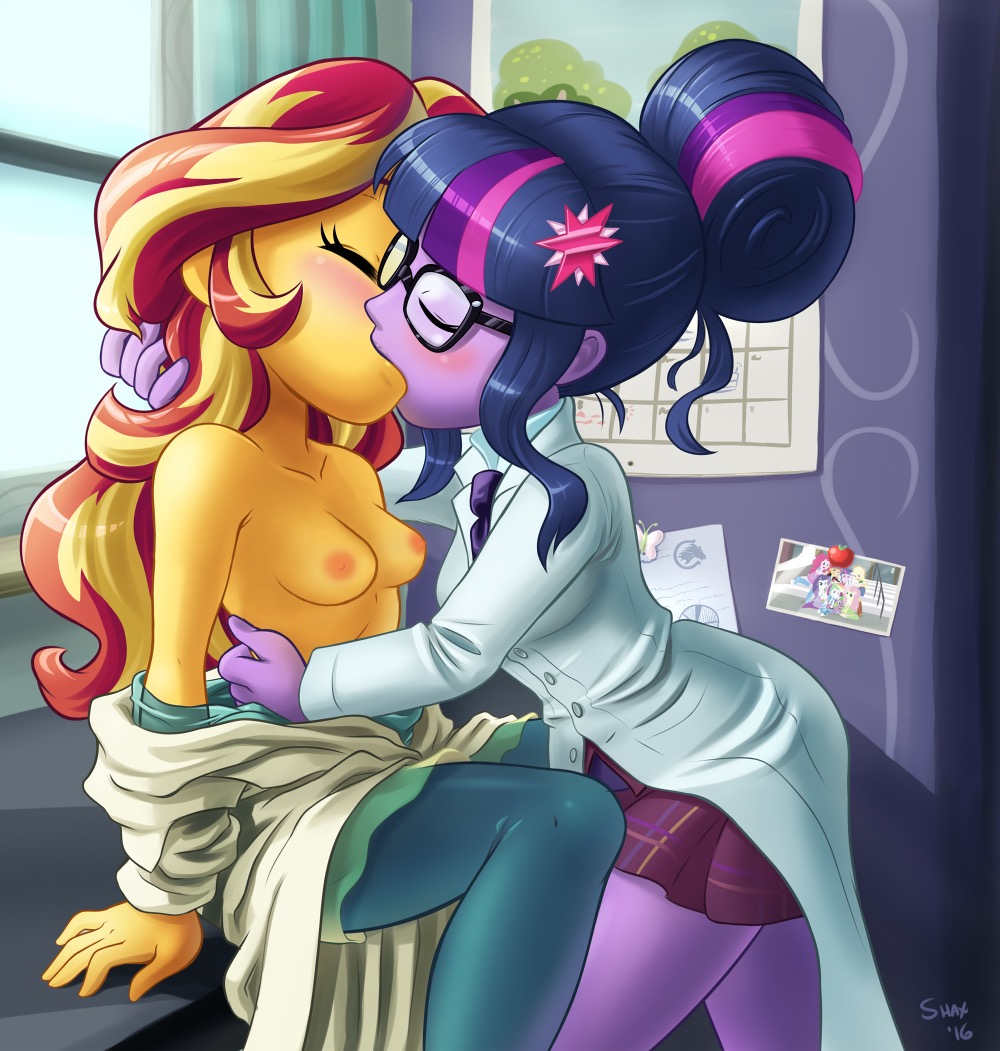 2girls blush breasts closed_eyes equestria_girls female/female friendship_games friendship_is_magic glasses kissing multiple_girls my_little_pony partially_clothed skirt sunset_shimmer tagme twilight_sparkle yuri