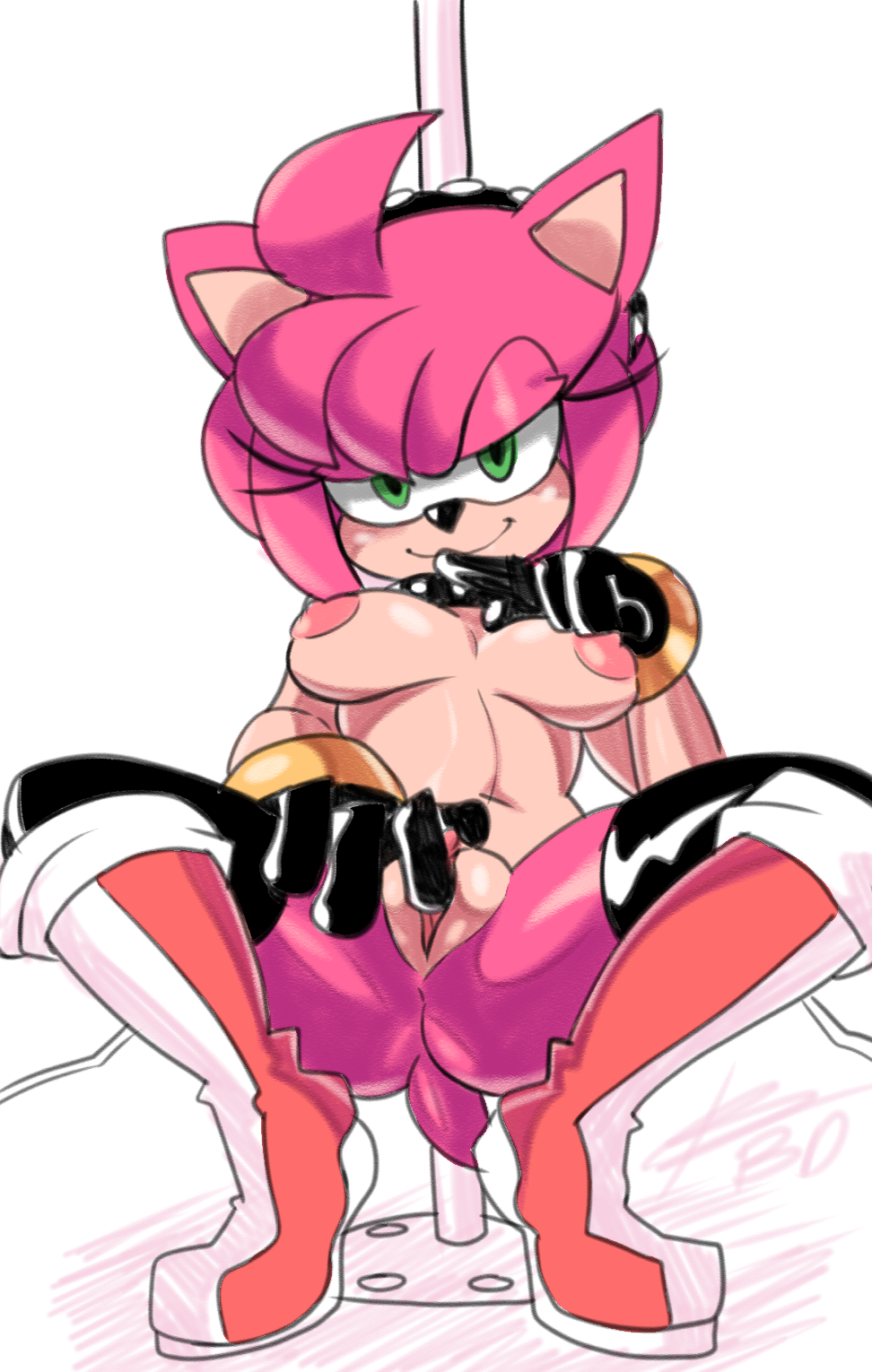1girl amy_rose animal_ears bigdead93 boots breasts furry gloves green_eyes looking_at_viewer nipples pink_hair pussy short_hair smile sonic_(series) spread_legs stripper_pole