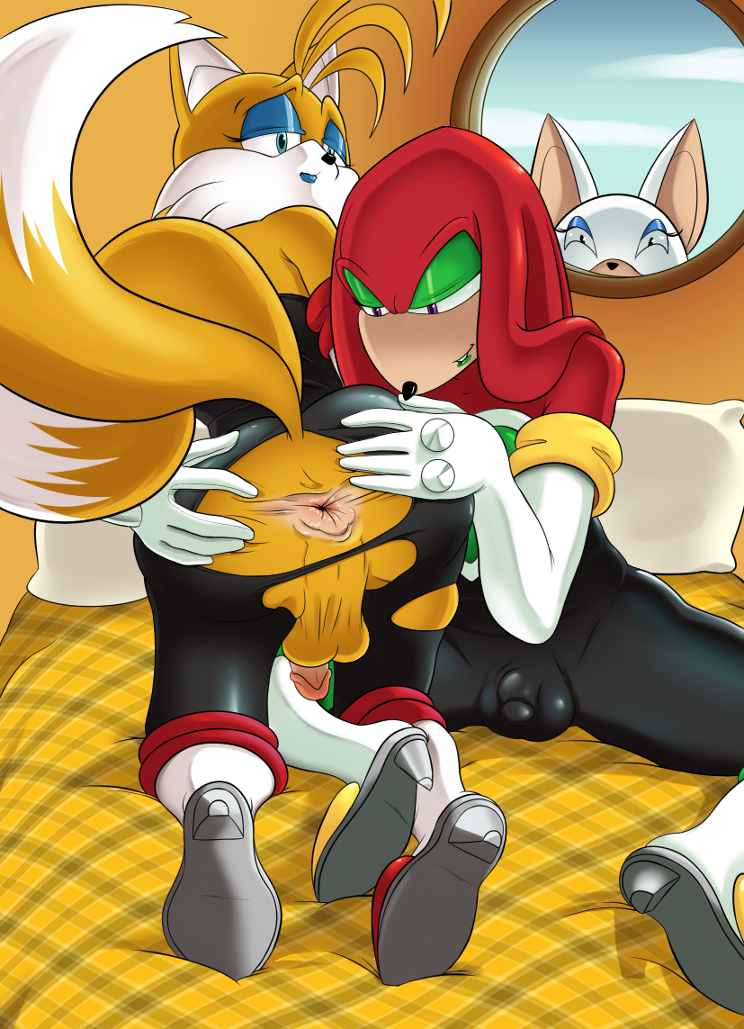 anthro anus bulge clothed clothing crossdressing furry glazed_(artist) knuckles_the_echidna male miles_"tails"_prower penis presenting presenting_anus rouge_the_bat sega testicles