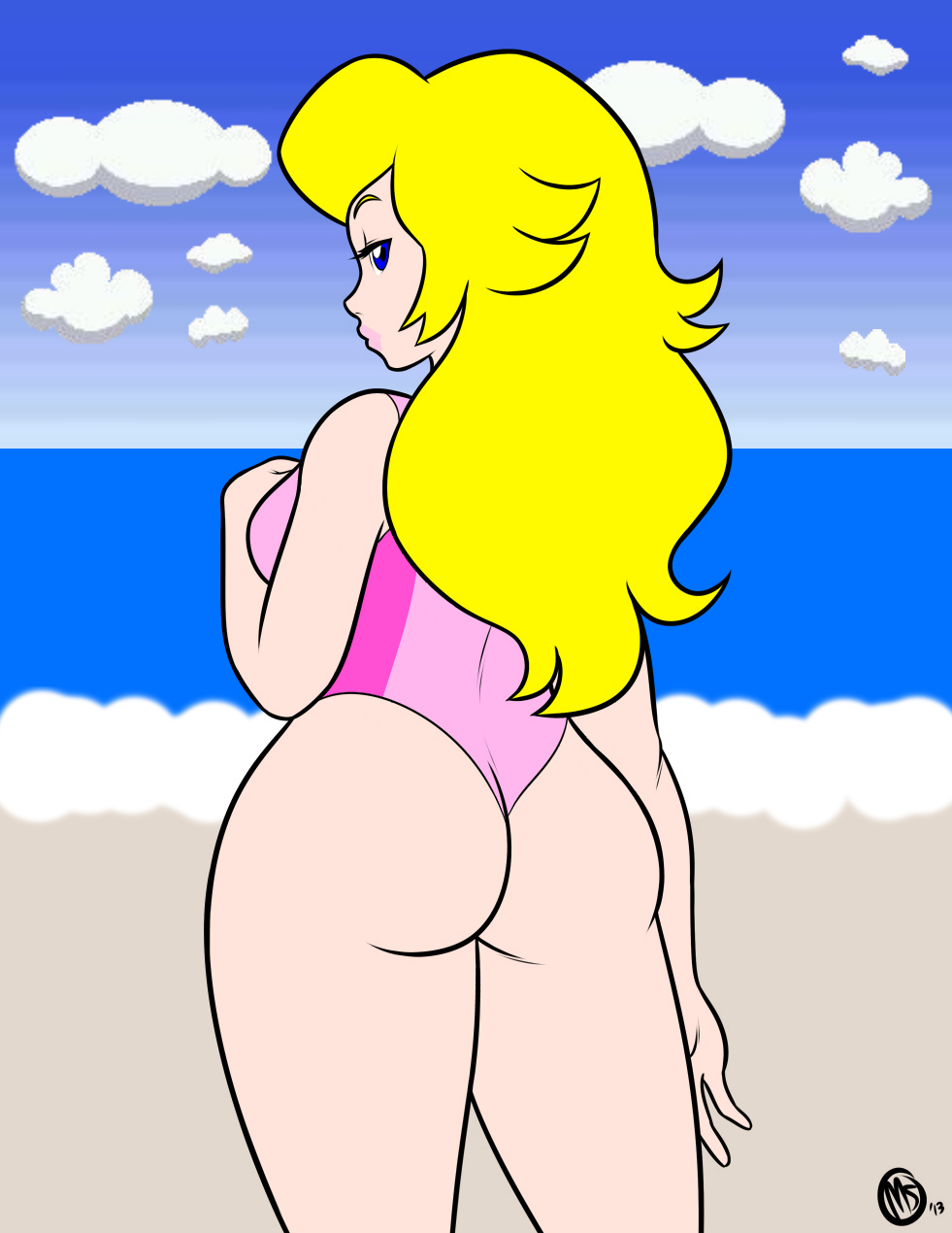 ass beach big_ass big_breasts breasts nintyalex one-piece_swimsuit princess_peach super_mario_bros. swimsuit