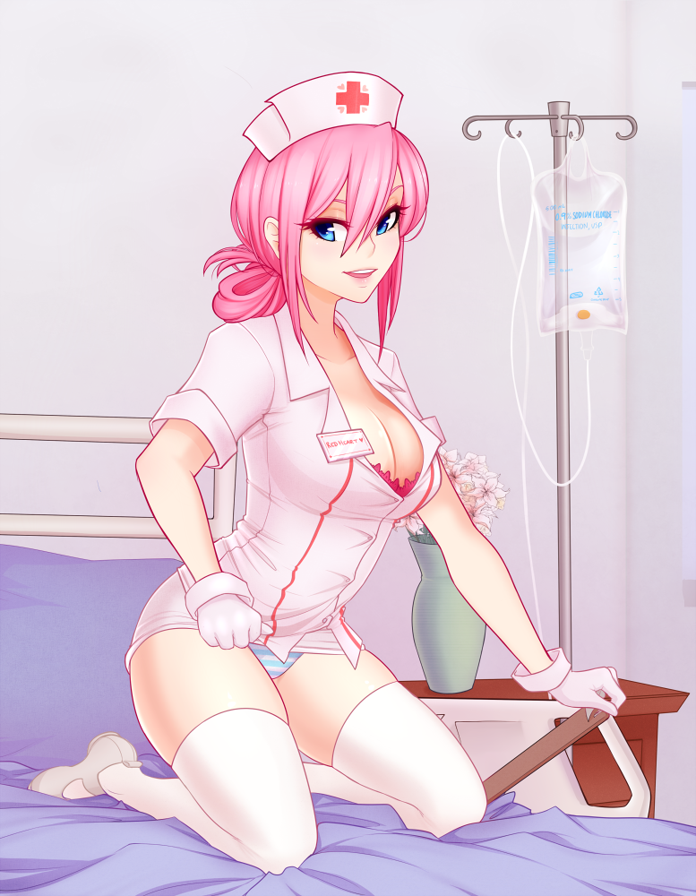 1girl bed blue_eyes bra breasts clothed female female_only friendship_is_magic gloves hospital hospital_bed humanized indoors looking_at_viewer my_little_pony nurse nurse_cap nurse_redheart nurse_redheart_(mlp) nurse_uniform on_bed panties pink_hair red_cross short_sleeves solo stockings striped_panties uniform white_stockings