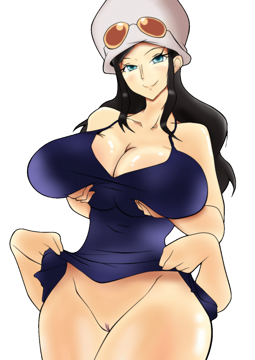 1girl anime big_breasts black_hair breasts dress long_hair multiple_limbs nico_robin no_panties one_piece presenting pussy render simple_background smile transparent_background upskirt wide_hips