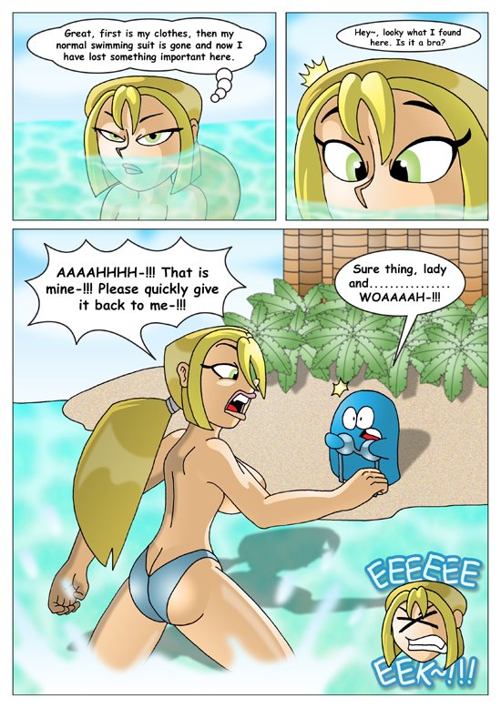 1girl big_breasts blonde_hair bloo blooregard blue_eyes bridgette_(tdi) cartoon_network comic comic_sans crossover embarrassing english_text foster's_home_for_imaginary_friends hourglass_figure light-skinned_female long_blonde_hair long_hair riot_at_the_museum speech_bubble text thick_ass thick_legs thick_thighs topless topless_female total_drama_island x^j^kny x^j^kny_(artist)
